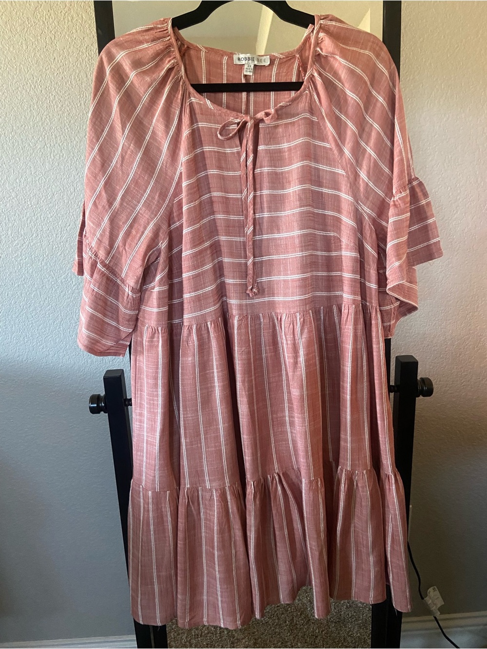 Robbie Bee Dusty Rose Striped Tie-Neck Midi Dress